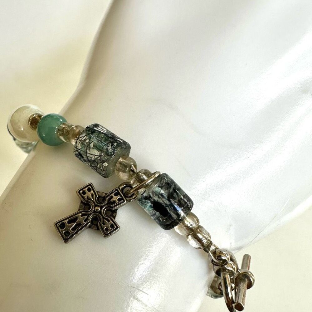 Blue glass beaded cross charm bracelet
